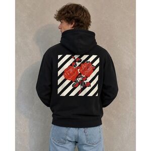 Bowery Supply Hoodie Mens Small Black Rose Graphic Sweatshirt Streetwear Floral